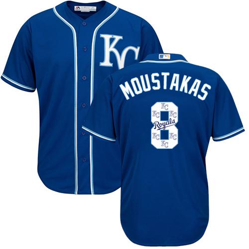 Royals #8 Mike Moustakas Royal Blue Team Logo Fashion Stitched MLB Jersey - Click Image to Close